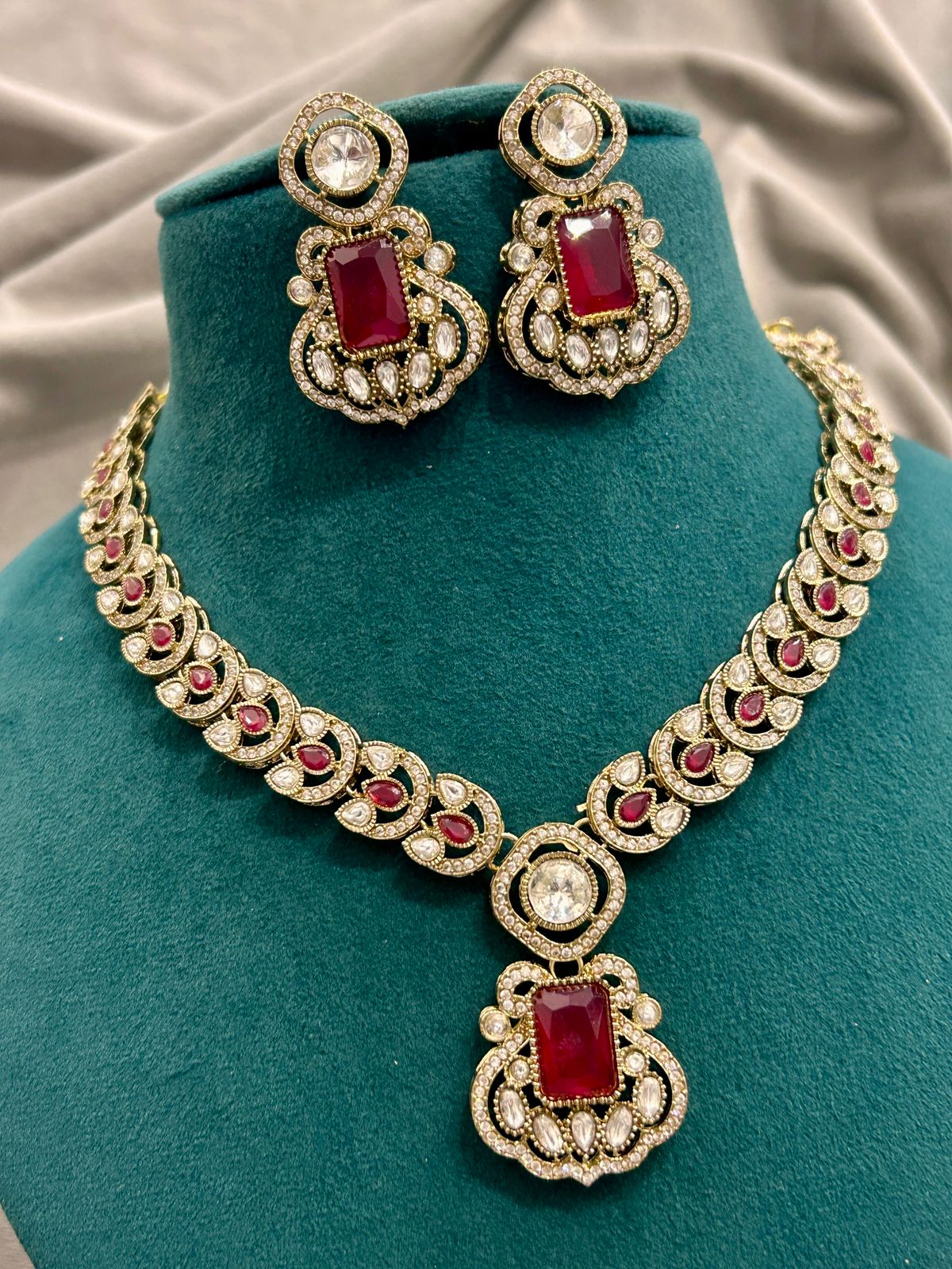 Ruby Red Kundan Necklace Set with Earrings